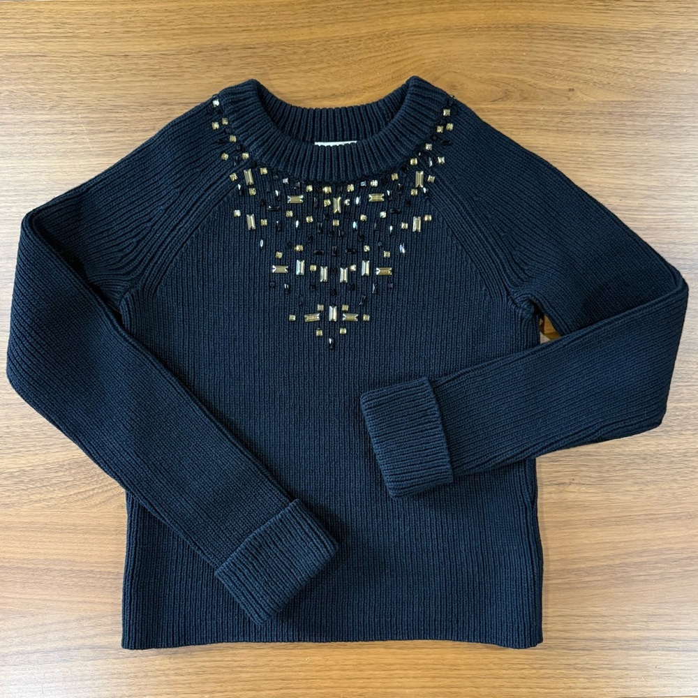 Kate Spade New York Grid Embellished Crewneck Chunky Sweater Black $100 Size S